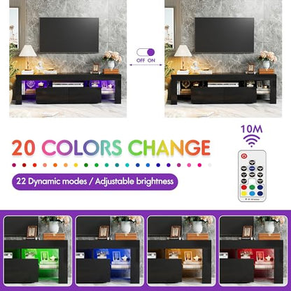 TV Stand, Modern Lighting TV Cabinet Entertainment Center Media and Open Shelf, TV Console Table with 1 Drawer and Remote Control, 20 Color LED Lights up to 70 Inch TV (Black)