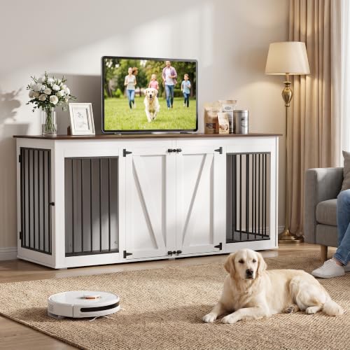 71" Double Dog Crate Furniture, Wooden Indoor Dog Kennel with Removable Divider, view 2