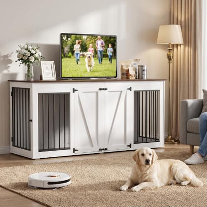 71" Double Dog Crate Furniture, Wooden Indoor Dog Kennel with Removable Divider, view 2