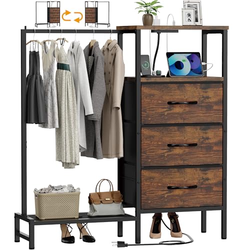 Dresser for Bedroom with Hanging Rack, 3 Drawers Closet with Charging Station, view 2