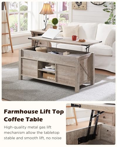 48" Farmhouse Lift Top Coffee Table with Sliding Barn Door,Rustic Center Table w/Hidden Storage Compartment, Lift Tabletop Dining Table w/Adjustable Shelf for Living Room,Light Rustic Oak