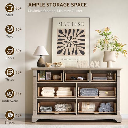 Farmhouse 7 Drawers Dresser for Bedroom, 54" Wide Wood Rustic Chest of Drawers w/Roman Column, Wooden Storage Dressers Organizer for Bedroom, Living Room, Light Rustic Oak