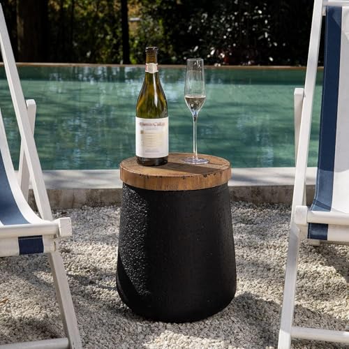 Drum End Table Cylinder Shaped Concrete Side Table Faux-Wood Top, Black Outdoor Accent Table with Tree Trunk Slice Hand Painted, Accent Stool
