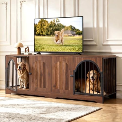 87" Large Dog Crate Furniture TV Stand, Double Kennel Divider (Walnut), view 2