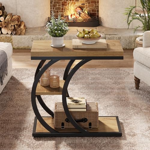 Tribesigns End Table for Living Room, 3-Tier Narrow Wood Couch C-Shaped Side Table with Storage, Industrial Nightstand for Bedroom, Small Spaces, Natural