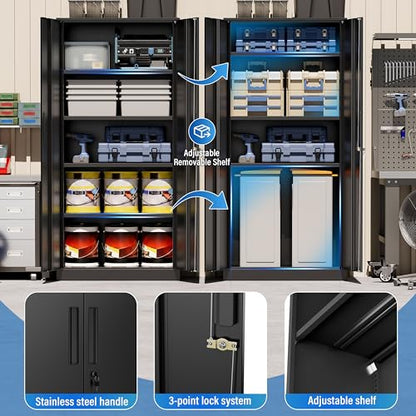 Metal Cabinet, 72" Black Locking Metal Storage Cabinet with 2 Doors and 4 Adjustable Shelves, Lockable Garage Storage Cabinets for Home Office, Garage, Kitchen, Living Room