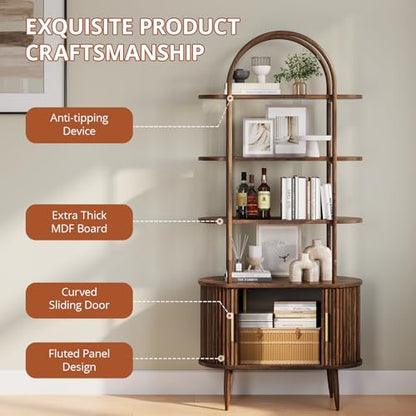 71" Tall Arched Bookshelf with Sliding Doors, Mid Century Modern Metal Curved Bookcase Cabinet with Storage, 4-Tier Storage Shelf for Living Room, Home Office, Bedroom, Walnut