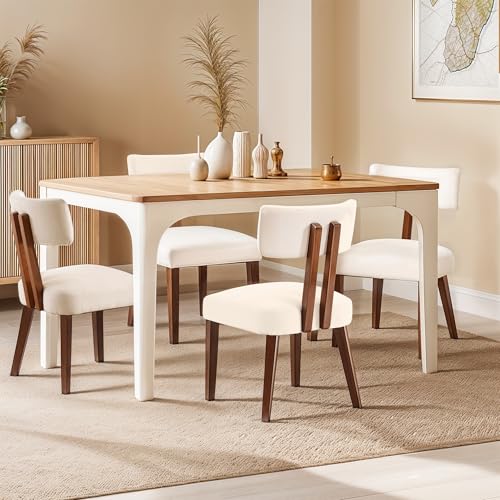 Dining Chairs Set of 4, Mid Century Modern Kitchen Chair Linen Fabric Side Chairs with Curved Backrest for Kitchen, Dining Room, Restaurant, or Patio, Off-White