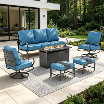 Patio Furniture Sets with 45" Gas Fire Pit Table for 7 Outdoor Conversation Sets 6 Pcs, 2 x Swivel Cushioned Sofa Chairs, 1x3-Seat Sofa, 2xOttomans for Backyard Poolside Peacock Blue