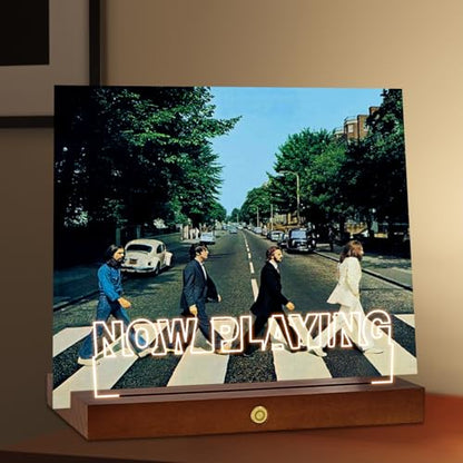 Now Playing Vinyl Record Stand, Wooden LED Vinyl Album Display Storage, Light Up Acrylic Music Collection Holder