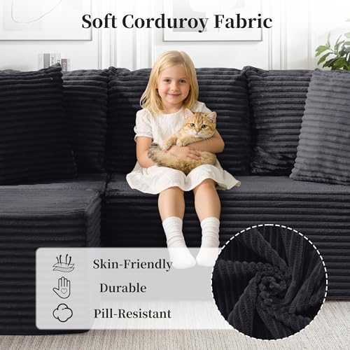 Cloud Modular Sectional Sofa with L-Shaped, Boneless Couches for Living Room, Fluffy Comfy Corduroy Deep Seat with Ottoman, Bedroom, Apartment, No Assembly Required