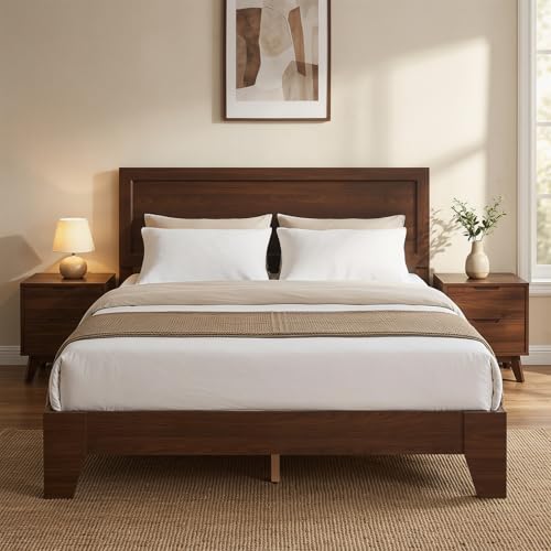 Queen Size Bed Frame, Mid-Century Modern Platform Bed with Headboard, view 5