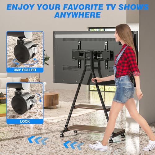 Heavy Duty Rolling TV Stand for 43-80 Inch TVs up to 150lbs, Mobile TV Cart on Wheels with Dual Storage Shelves, Outdoor TV Stand with Tilt & Swivel Adjustment for Optimal Viewing Angles