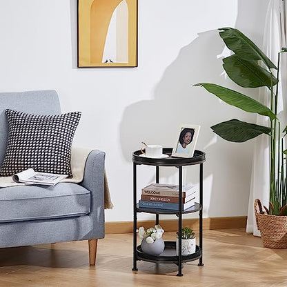 Dulcii Side Table, Round End Table with 3 Shelves for Living Room, Bedroom, Nightstand with Steel Frame for Small Spaces, Industrial Round Sofa Table, Outdoor Accent Coffee Table, Grey