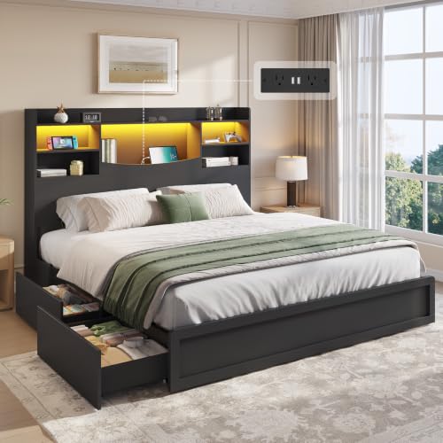 King Size Bed Frame with 4 Storage Drawers & 51" Bookcase Headboard, view 2