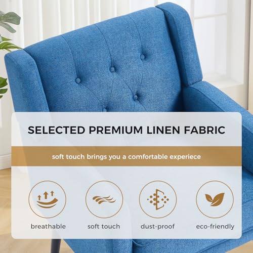 Accent Chair Set of 2, Comfy Reading Chair, Mid Century Modern Chairs, Tufted Upholstered Living Room Chair, Overstuffed Single Sofa Chair for Bedroom Waiting Room, Blue