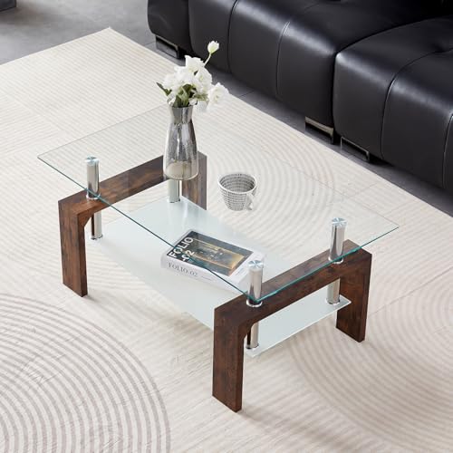 Coffee Table - Rectangle Glass Coffee Table with Simple and Classical Inspired Design, Easy Assembly for Modern Living, 39.5 * 23.5 * 17.5 inches (Brown)