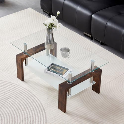 Coffee Table - Rectangle Glass Coffee Table with Simple and Classical Inspired Design, Easy Assembly for Modern Living, 39.5 * 23.5 * 17.5 inches (Brown)