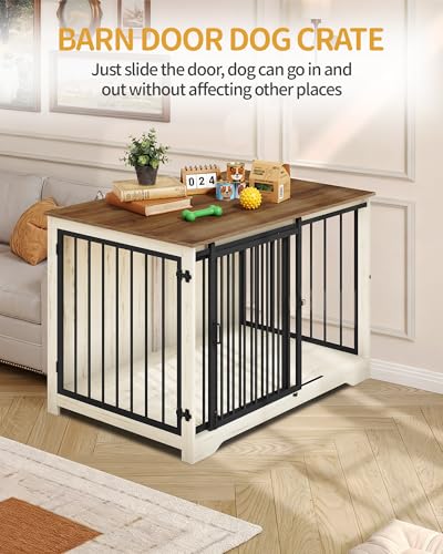46.9" Dog Crate Furniture with Barn Door, Heavy Duty Dog Kennel Indoor with 2 Doors, Wooden Pet Cage End Table for Large Medium Dogs, Anti-Chew Anti-Escape, White Brown DFC93314B