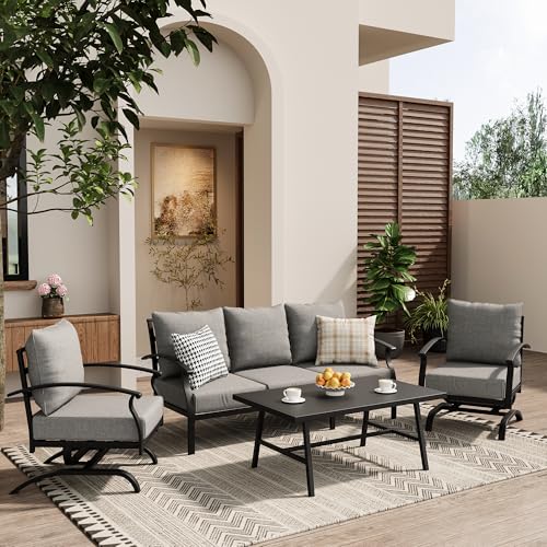 4 Piece Patio Furniture Set,Outdoor Metal Patio Furniture with Coffee Table & Rocking Chairs Conversation Set for Porch,Backyard,Poolside, Garden-Grey