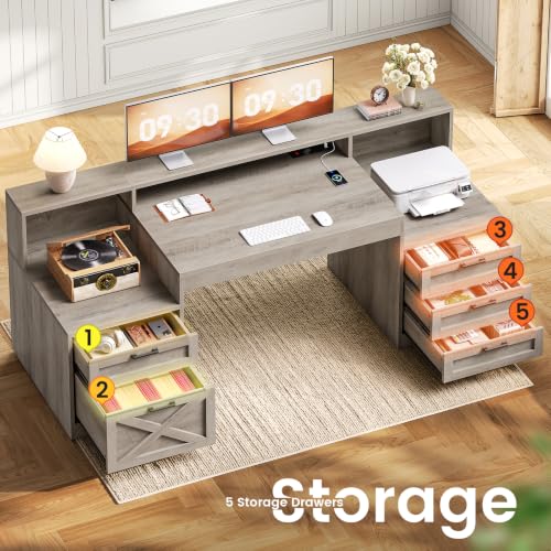 63" Executive Office Desk with 5 Drawers, Grey, view 4