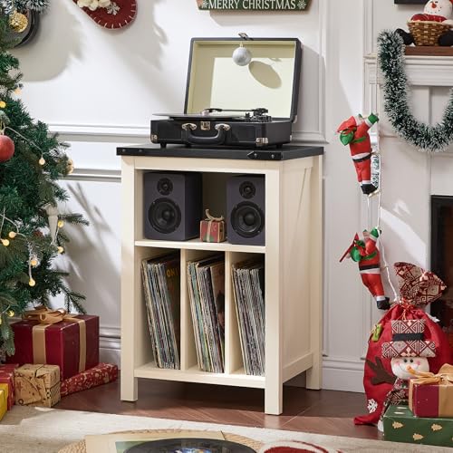 Record Player Stand with Vinyl Record Storage,White, view 3