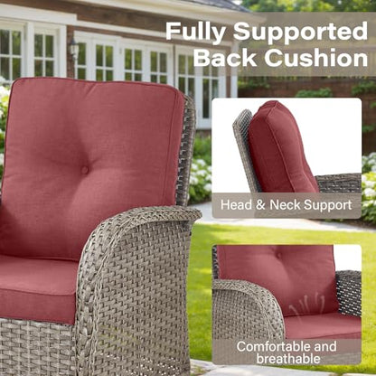 5 Piece Wicker Patio Furniture Set - Outdoor Conversation Sets with Deep Seating Swivel Rocker Chairs Loveseat and Rattan Coffee Table for Deck Backyard Poolside, Gray Wicker/Red Cushion