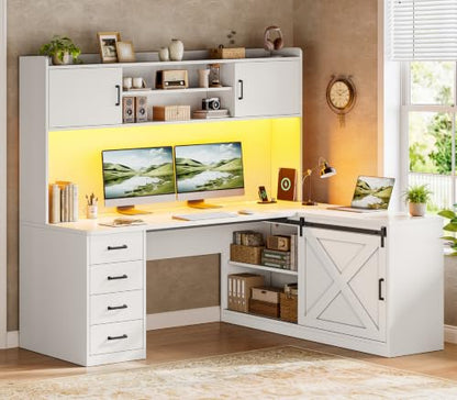 Farmhouse 55” L Shaped Office Desk with Hutch, Drawers, Barn Door, view 2