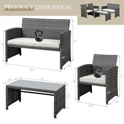 4 Piece Outdoor Patio Furniture Set, Outdoor Wicker Rattan Chairs Conversation Sets with Cushions & Coffee Table for Outside, Garden, Balcony, Porch, Beige