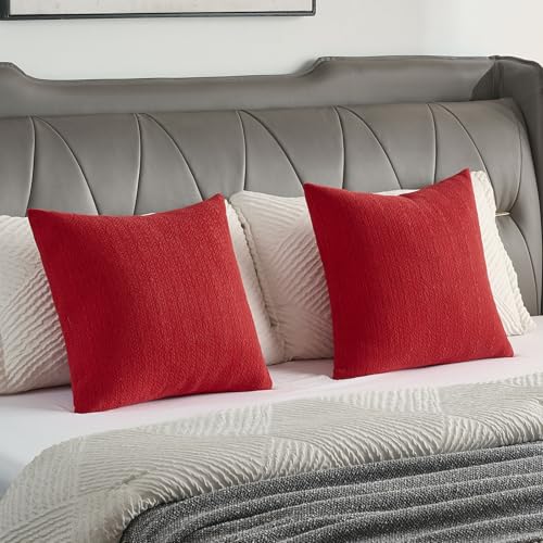 Pack of 2 Solid Chenille Throw Pillow Covers 16x16 Inch Soft Farmhouse Decorative Accent Cushion Cases Modern Home Decor for Couch Living Room, Red