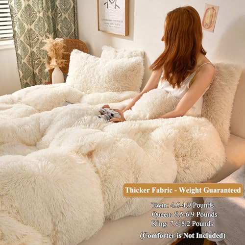 Plush Shaggy Duvet Cover Set, Luxury Ultra Soft Crystal Velvet Fluffy Bedding Sets 3 Pieces(1 Furry Faux Fur Comforter Cover + 2 Fuzzy Faux Fur Pillowcases), Zipper Closure(Queen, Light Beige)