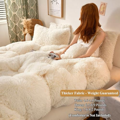 Plush Shaggy Duvet Cover Set, Luxury Ultra Soft Crystal Velvet Fluffy Bedding Sets 3 Pieces(1 Furry Faux Fur Comforter Cover + 2 Fuzzy Faux Fur Pillowcases), Zipper Closure(Queen, Light Beige)