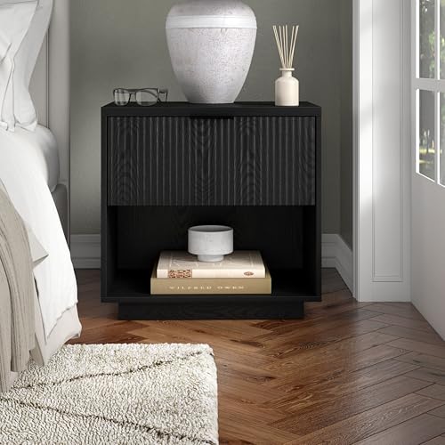 24" Fluted Nightstand, Ribbed Side Table, Natural Black | Ribbed-front design with a smooth-glide drawer and open cubby storage offers clean-lined style for bedrooms or home offices