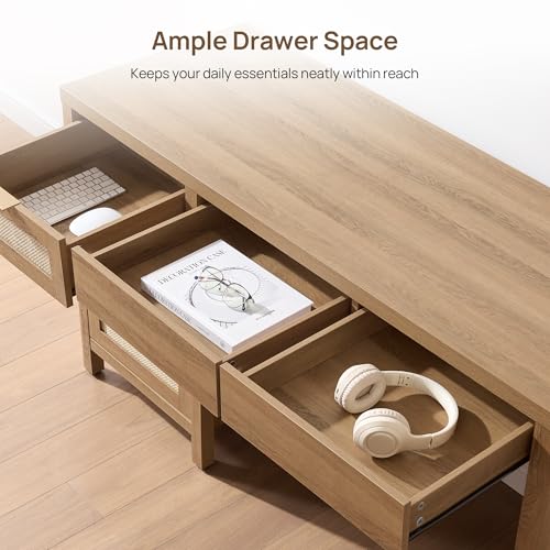 55" Rattan Desk with 3 Drawers - Wood Office Computer Desk with Storage Modern Boho Home Office Desks with Side Cabinet - Large Executive Desk Study Table for Bedroom, Living Room, Oak