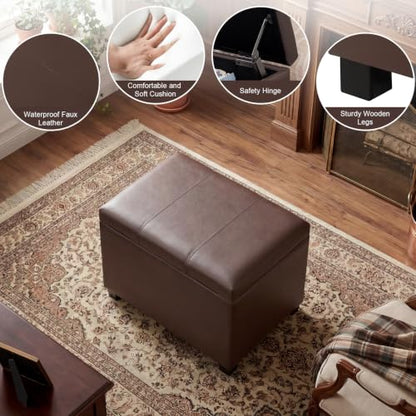 24" Leather Storage Ottoman Bench, Rectangle Foot Rest Stool for Living Room, Bedroom, Entryway, Brown