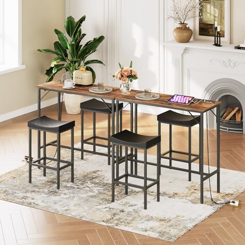 3-Piece Bar Table and Chairs Set, 39.4" Pub Table, High Top Bar Table with Charging Station, 3-Piece Dining Table Kitchen Breakfast Table Set, for Kitchen, Small Space, Rustic Brown BF10UBT01