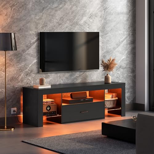 LED TV Stand with Power Outlets to 65 inch TV, Gaming Entertainment Center with Glass Shelves and Large Drawer, Modern Media TV Console Table for Living Room Bedroom, Black BB14UDDS01G1