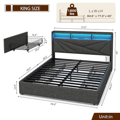 King Size Bed Frame with 4 Storage Drawers and LED Headboard, view 3
