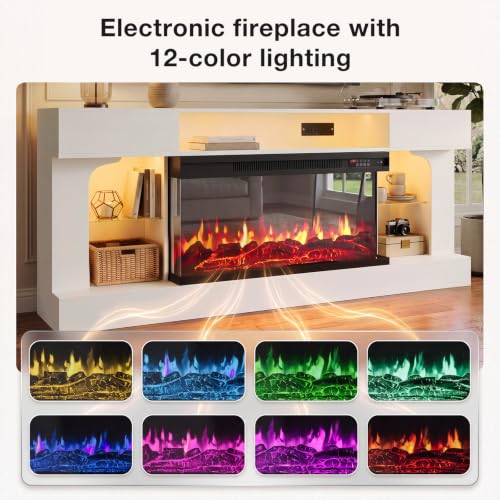 70" Modern Fireplace TV Stand,3-Sided Glass Electric Fireplace,White&Black, view 7