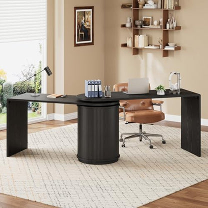 60 Inch L Shaped Desks with Power Outlets,360° Rotating Swivel Corner Desk with Storge, Fluted Computer Table for Home Office,Workstation,Study Room,Black