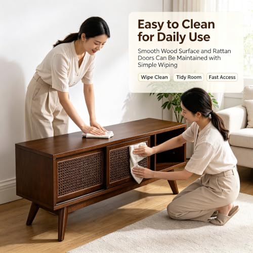 VEADONS 59" Mid Century Rattan TV Stand Dark Wood Media Console for 65 Inch TV, view 5