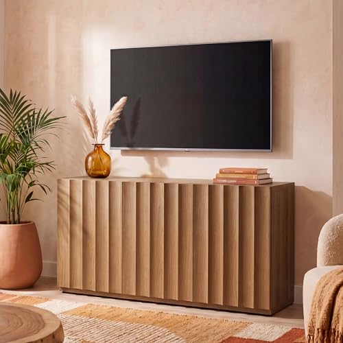 46.96" TV Stand, Fluted Mid-Century Modern 3 Doors, Amber Oak, view 6