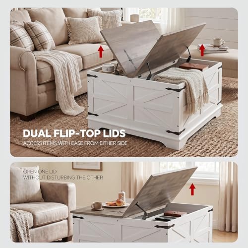 Farmhouse Coffee Table, Heavy-Duty Coffee Table with Storage, Square Wood Center Table Set for Living Room with Pull Up Large Hidden Storage Compartment, Maple White