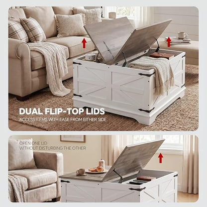 Farmhouse Coffee Table, Heavy-Duty Coffee Table with Storage, Square Wood Center Table Set for Living Room with Pull Up Large Hidden Storage Compartment, Maple White