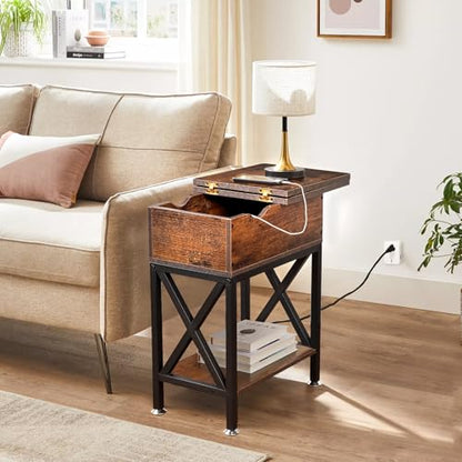End Tables Living Room Set of 2, Side Table with Charging Station Flip Top, 11"D x 24"W x 23"H, Narrow Side Table with 5.3" Deep Drawer, Couch End Tables Set of 2, Steel X-Frame, Rustic Brown