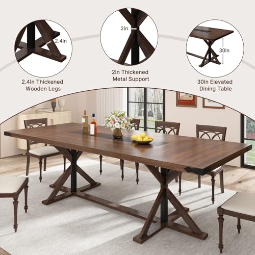 94" Large Dining Table for 10 People, Rectangular Kitchen Farmhouse Table W/Thickness Waterproof Wood Tabletop,Long Dining Room Tables W/Wood Strip Base for Kitchen Living Room(238CM Brown)