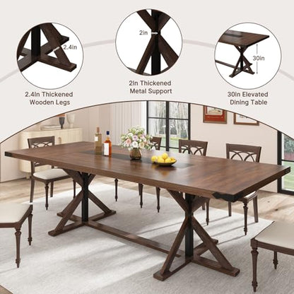 94" Large Dining Table for 10 People, Rectangular Kitchen Farmhouse Table W/Thickness Waterproof Wood Tabletop,Long Dining Room Tables W/Wood Strip Base for Kitchen Living Room(238CM Brown)