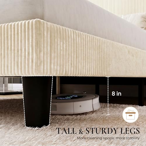 Queen Corduroy Platform Bed with Tufted Wingback Headboard/Cream, view 8