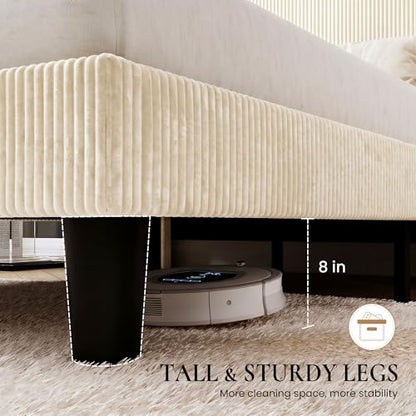 Queen Corduroy Platform Bed with Tufted Wingback Headboard/Cream, view 8