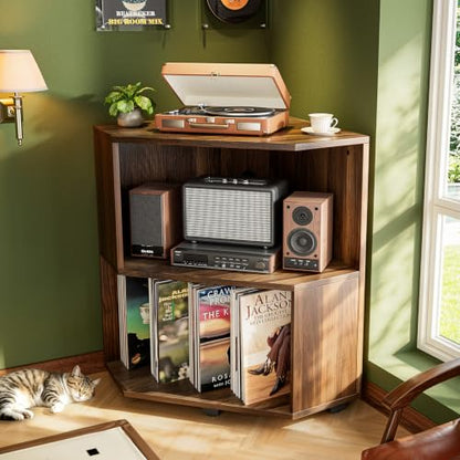 Corner Record Player Stand, Record Player Cabinet, Walnut, view 2